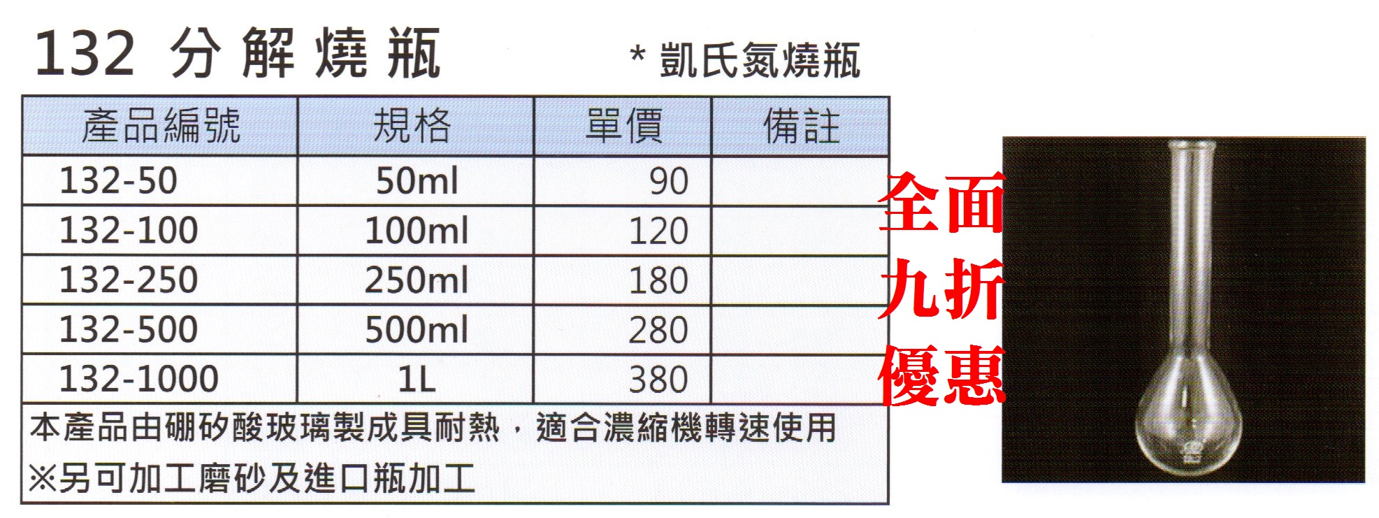 玻璃-分解燒瓶(凱氏氮燒瓶/250ml/硼矽酸材質)